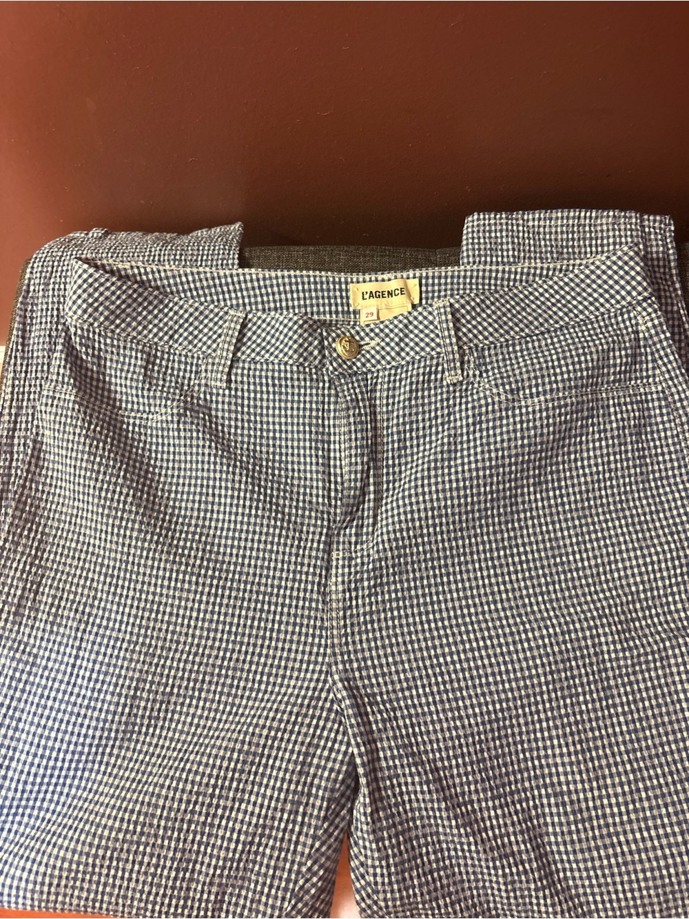 L'AGENCE Navy and White Gingham women’s Chinos